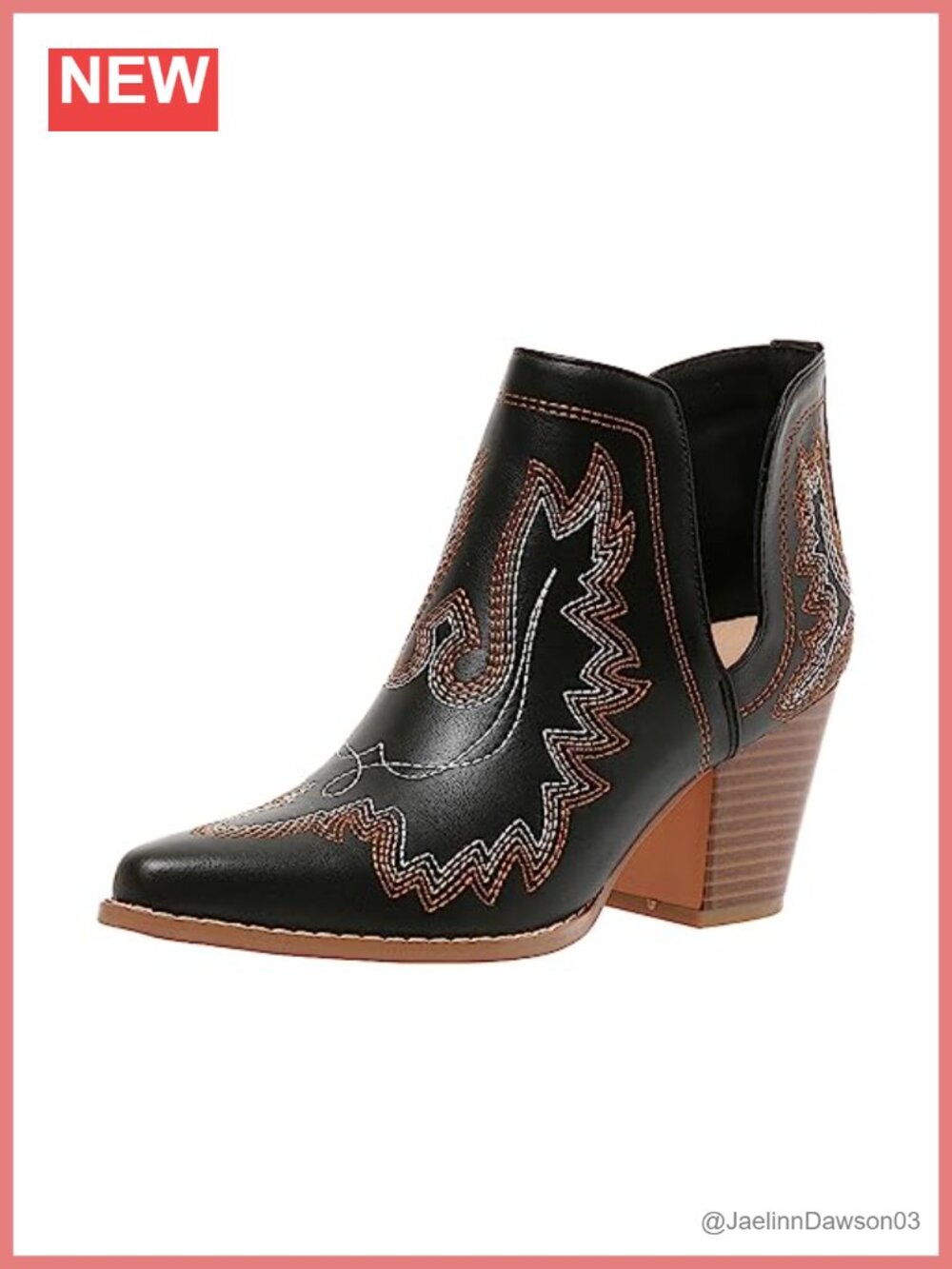 Women's Cowboy Ankle Boots Pointed Toe Block Heel Cutout Slip-On Western